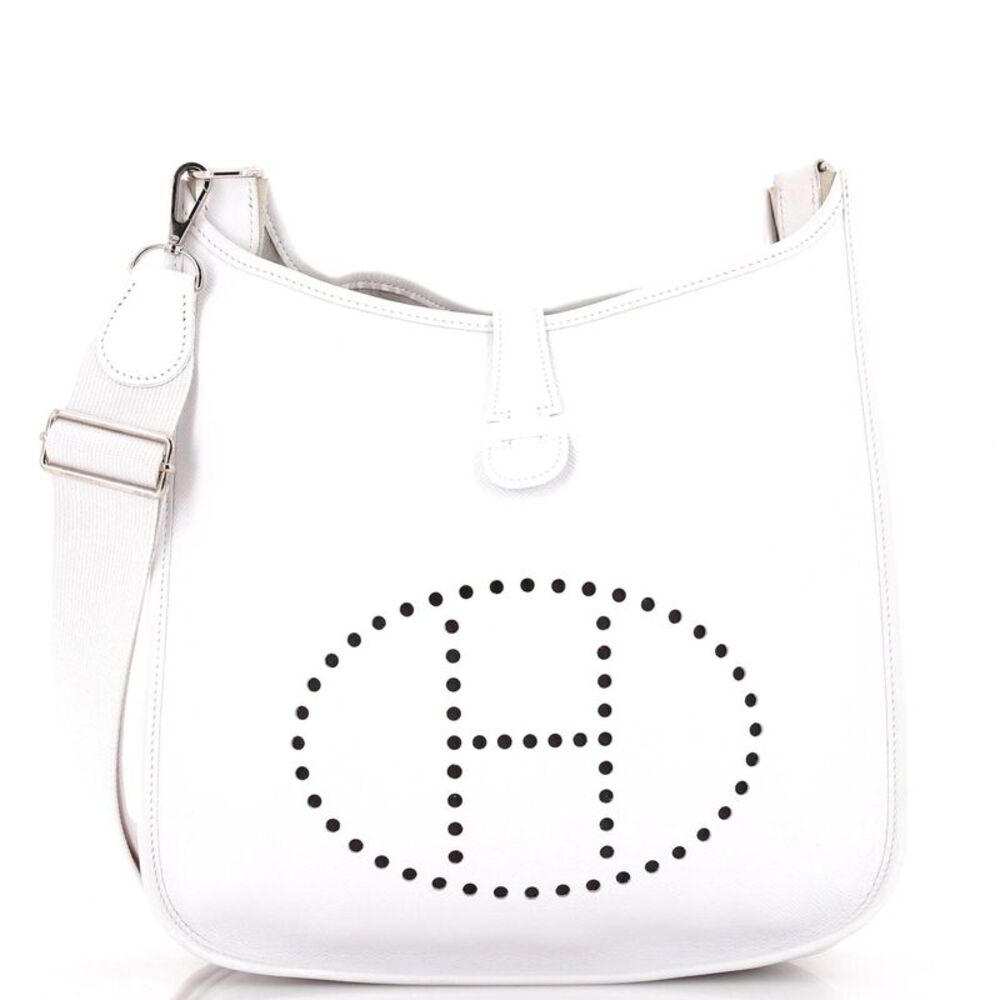 Hermes White Evelyne-style Leather Shoulder Bag with Black Perforated H Logo